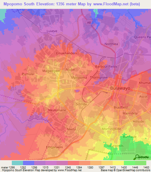 Mpopomo South,Zimbabwe Elevation Map