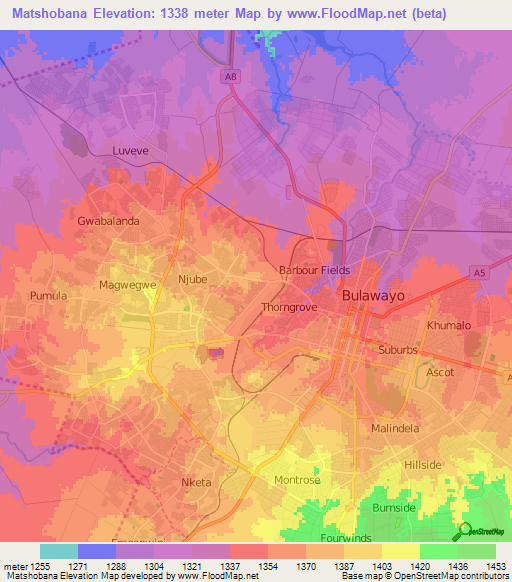 Matshobana,Zimbabwe Elevation Map