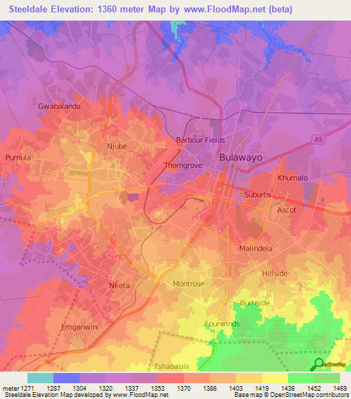 Steeldale,Zimbabwe Elevation Map