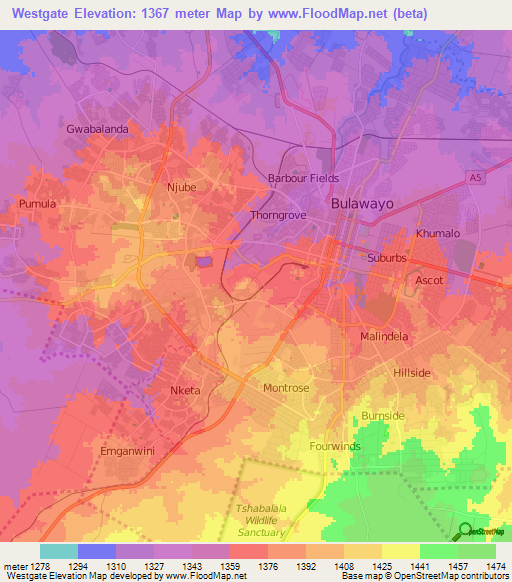 Westgate,Zimbabwe Elevation Map