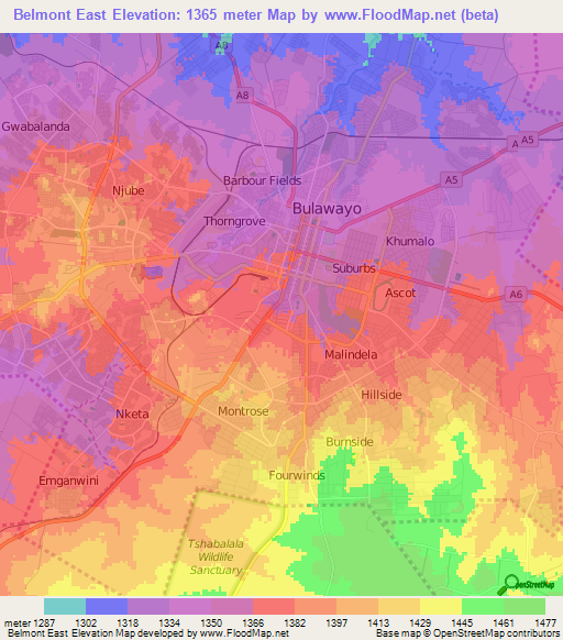 Belmont East,Zimbabwe Elevation Map