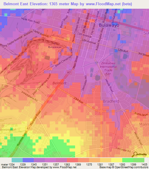 Belmont East,Zimbabwe Elevation Map