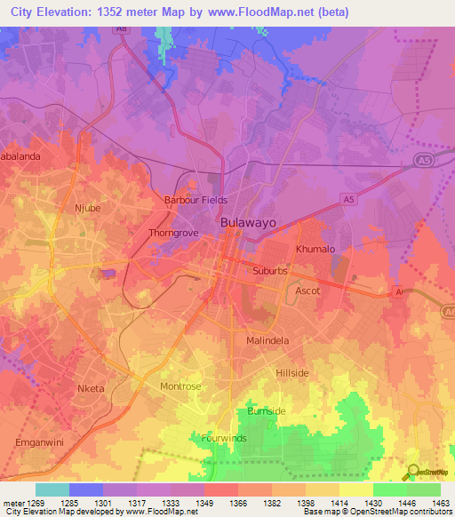 City,Zimbabwe Elevation Map
