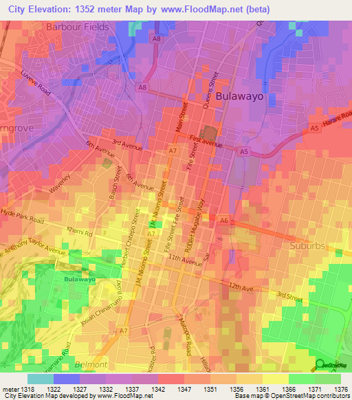 City,Zimbabwe Elevation Map