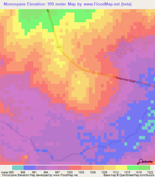 Mononyane,Botswana Elevation Map