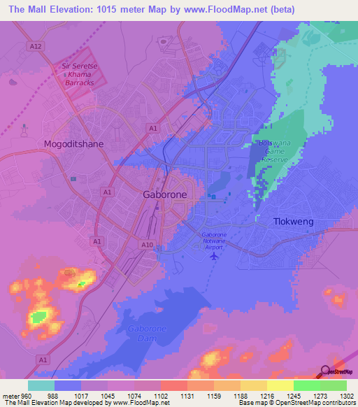 The Mall,Botswana Elevation Map