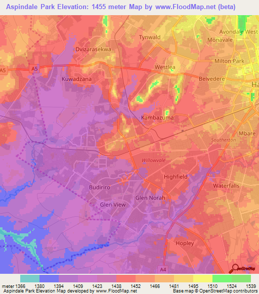 Aspindale Park,Zimbabwe Elevation Map