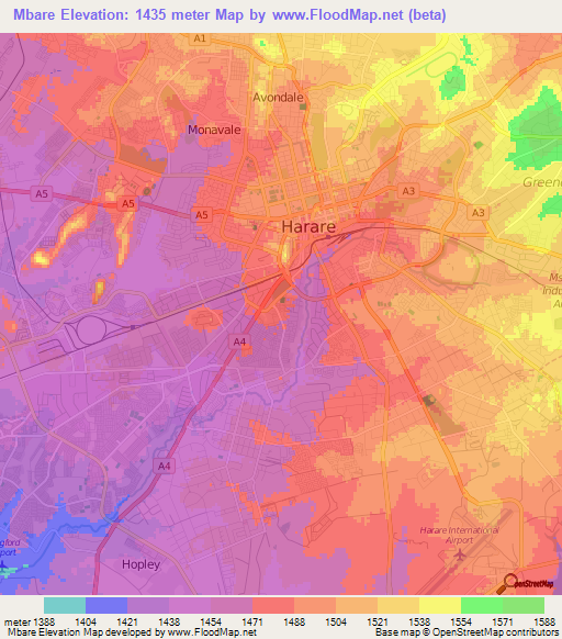 Mbare,Zimbabwe Elevation Map