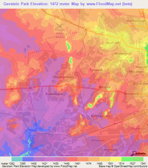 Gevstein Park,Zimbabwe Elevation Map