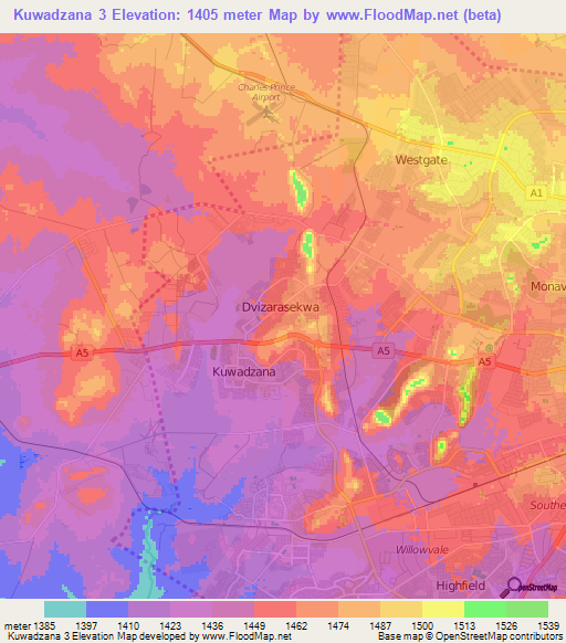 Kuwadzana 3,Zimbabwe Elevation Map