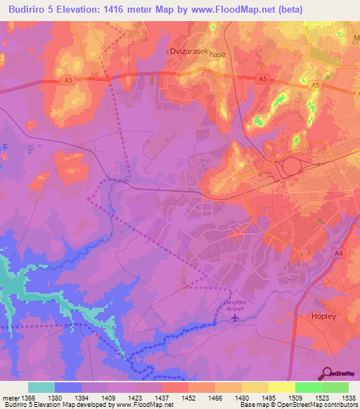 Budiriro 5,Zimbabwe Elevation Map