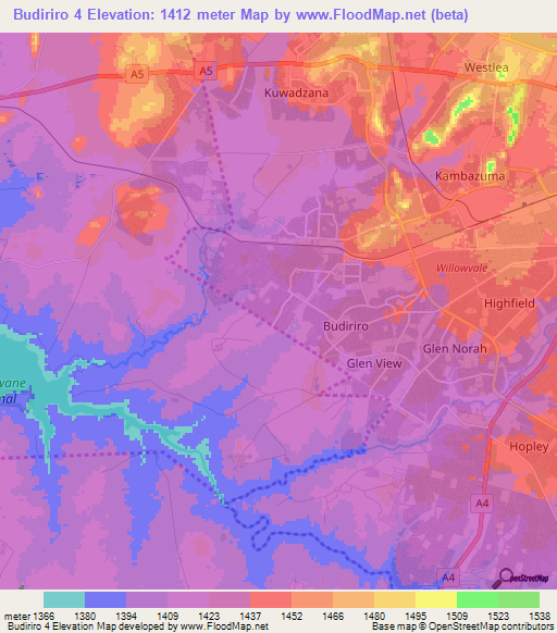 Budiriro 4,Zimbabwe Elevation Map