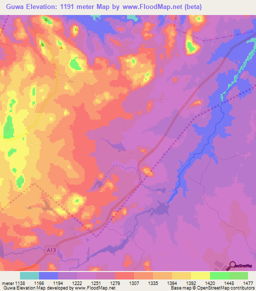 Guwa,Zimbabwe Elevation Map