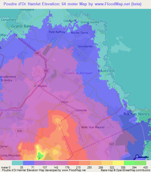 Poudre d'Or Hamlet,Mauritius Elevation Map
