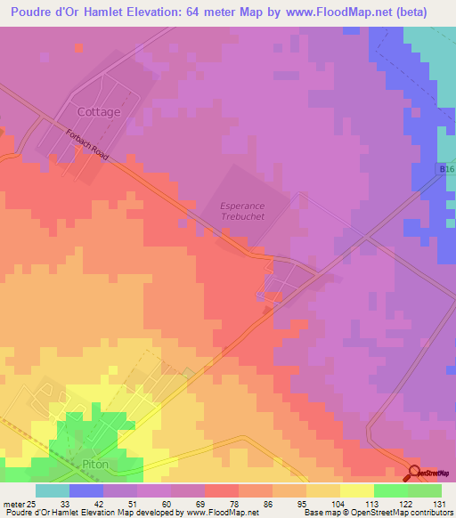 Poudre d'Or Hamlet,Mauritius Elevation Map