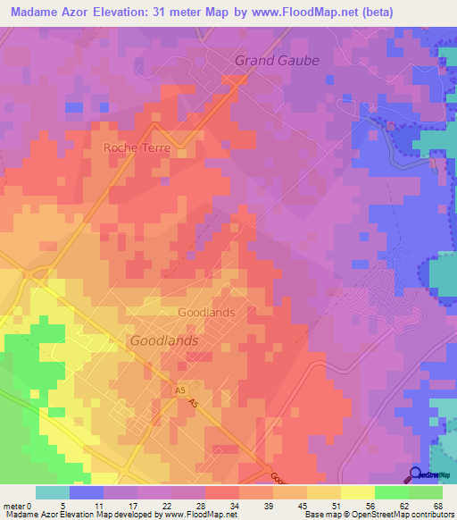 Madame Azor,Mauritius Elevation Map