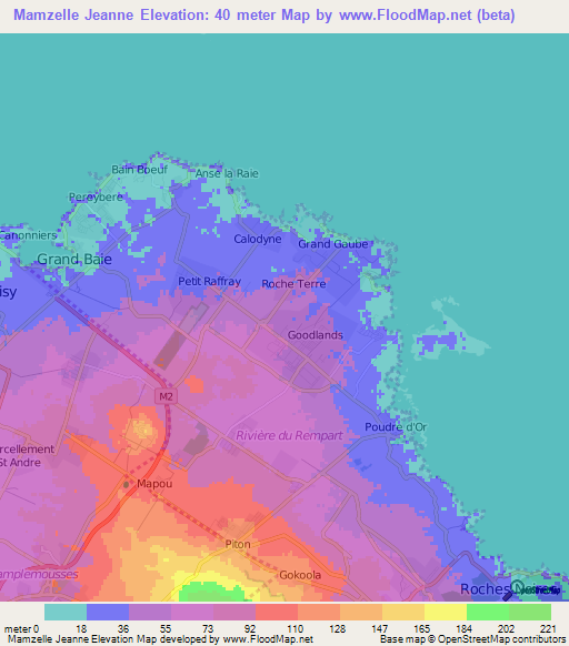 Mamzelle Jeanne,Mauritius Elevation Map