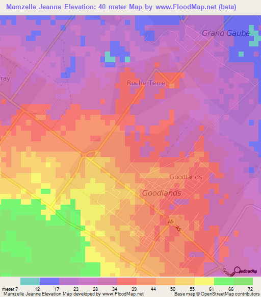 Mamzelle Jeanne,Mauritius Elevation Map