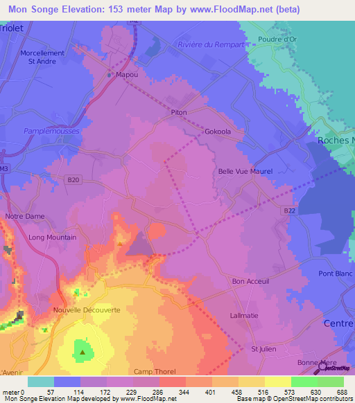Mon Songe,Mauritius Elevation Map