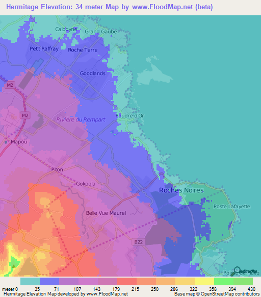Hermitage,Mauritius Elevation Map