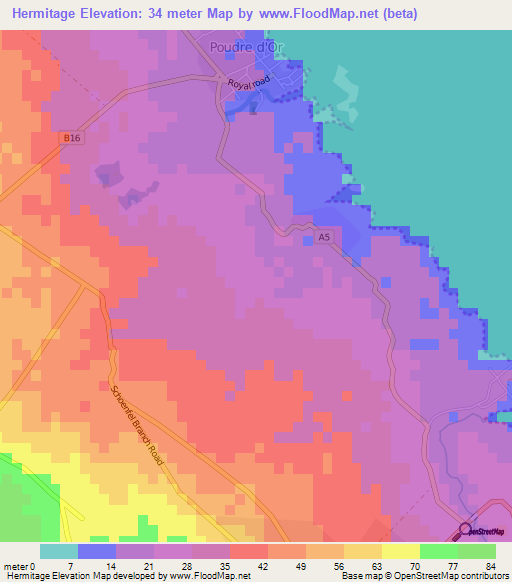 Hermitage,Mauritius Elevation Map