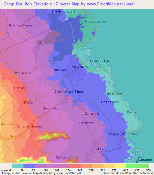 Camp Bouillon,Mauritius Elevation Map
