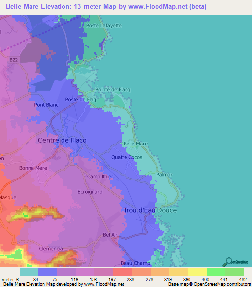 Belle Mare,Mauritius Elevation Map