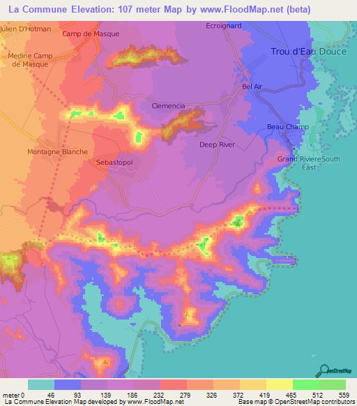 La Commune,Mauritius Elevation Map