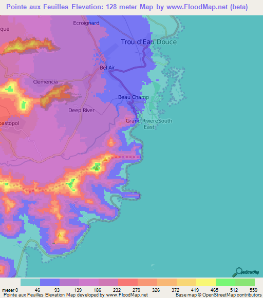Pointe aux Feuilles,Mauritius Elevation Map