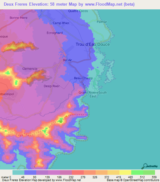Deux Freres,Mauritius Elevation Map