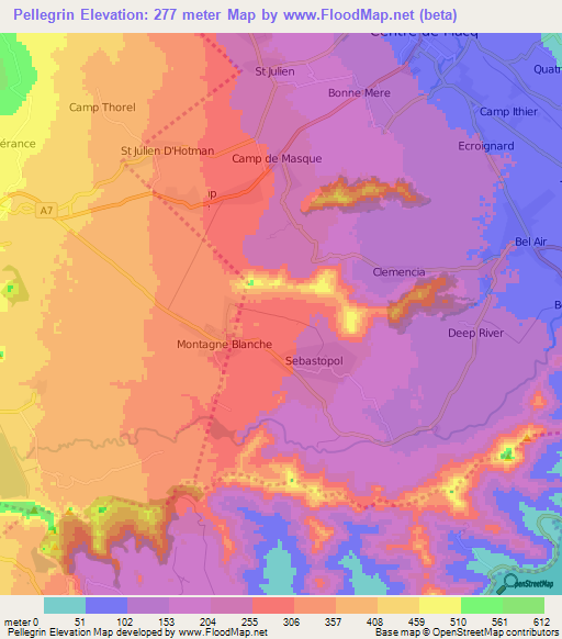 Pellegrin,Mauritius Elevation Map