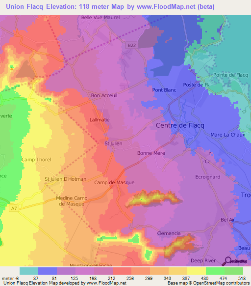 Union Flacq,Mauritius Elevation Map