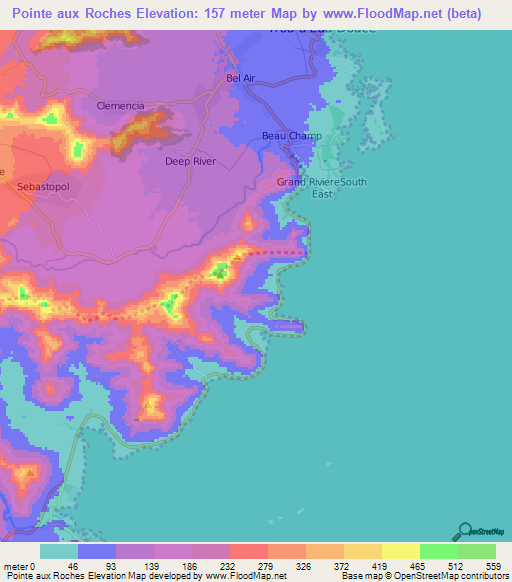 Pointe aux Roches,Mauritius Elevation Map