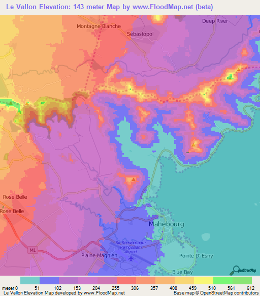Le Vallon,Mauritius Elevation Map