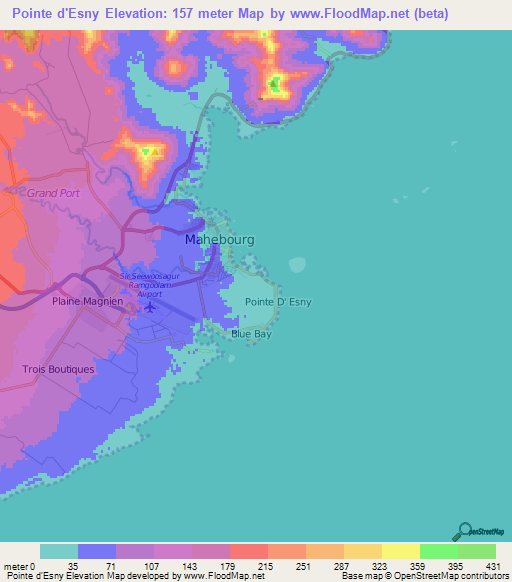 Pointe d'Esny,Mauritius Elevation Map