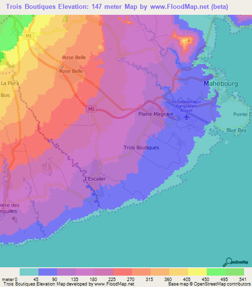 Trois Boutiques,Mauritius Elevation Map
