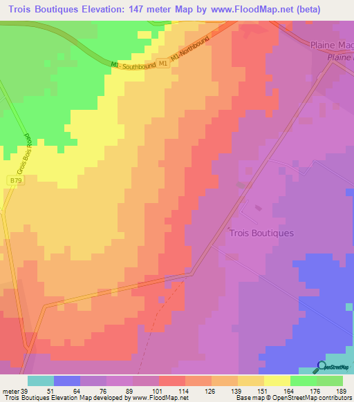 Trois Boutiques,Mauritius Elevation Map