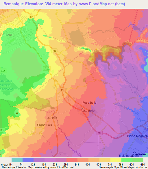 Bemanique,Mauritius Elevation Map