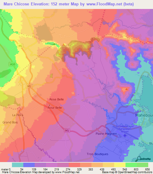 Mare Chicose,Mauritius Elevation Map