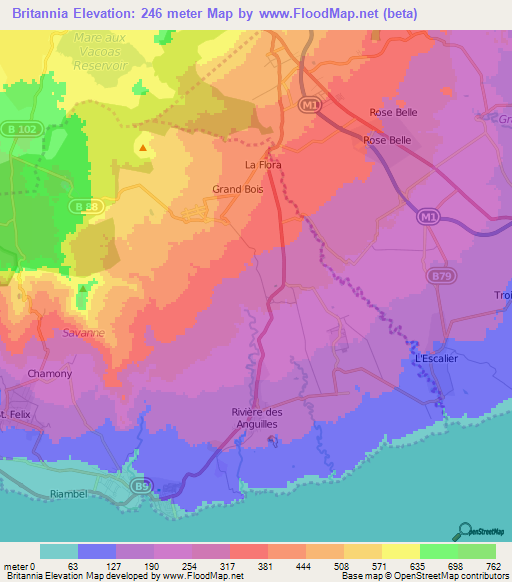 Britannia,Mauritius Elevation Map