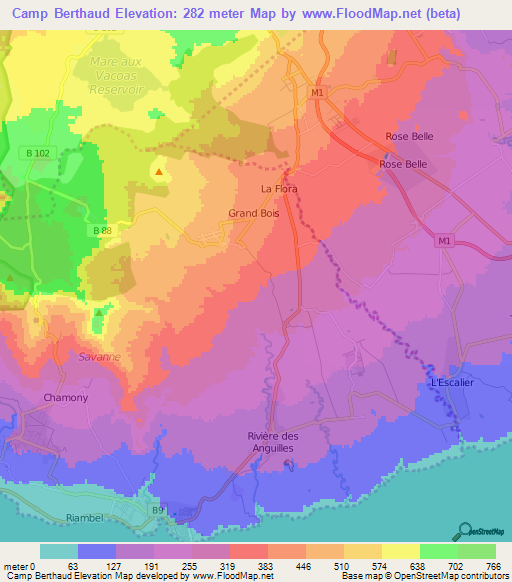 Camp Berthaud,Mauritius Elevation Map