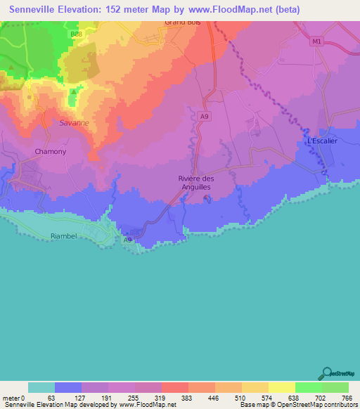Senneville,Mauritius Elevation Map