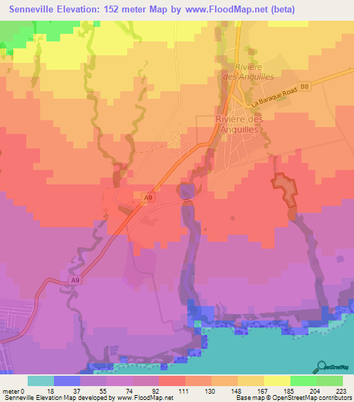 Senneville,Mauritius Elevation Map