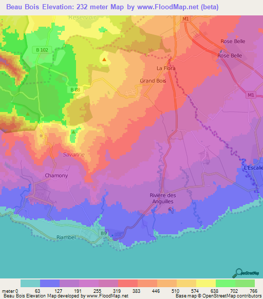 Beau Bois,Mauritius Elevation Map