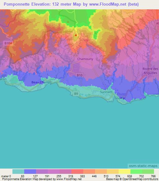 Pomponnette,Mauritius Elevation Map