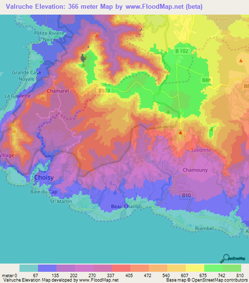 Valruche,Mauritius Elevation Map
