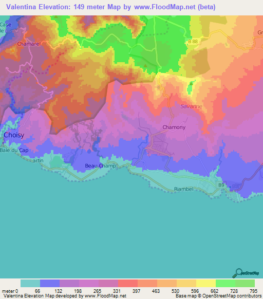 Valentina,Mauritius Elevation Map