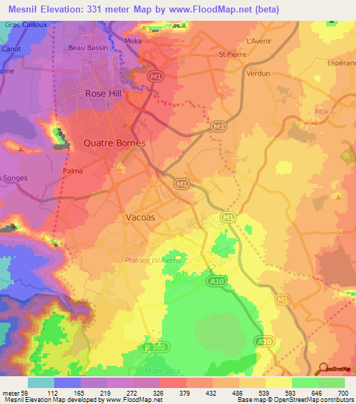 Mesnil,Mauritius Elevation Map