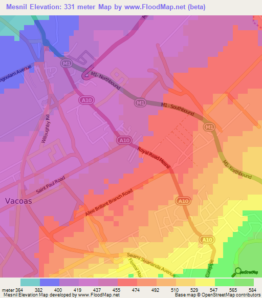 Mesnil,Mauritius Elevation Map