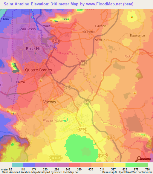 Saint Antoine,Mauritius Elevation Map
